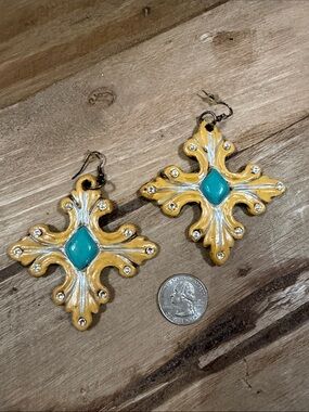 Turquoise & Yellow Fleur Cross Wall Ornaments - Pair